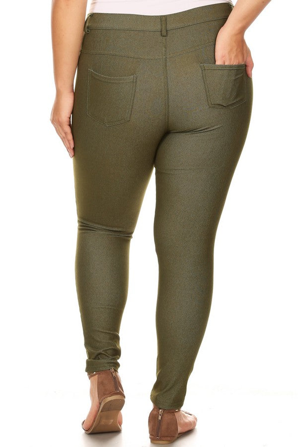 Plus Size Cotton-Blend 5-Pocket Skinny Jeggings - Army Green