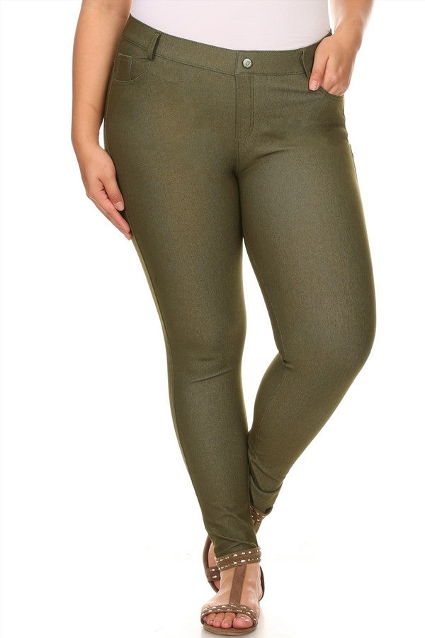 Plus Size Cotton-Blend 5-Pocket Skinny Jeggings - Army Green