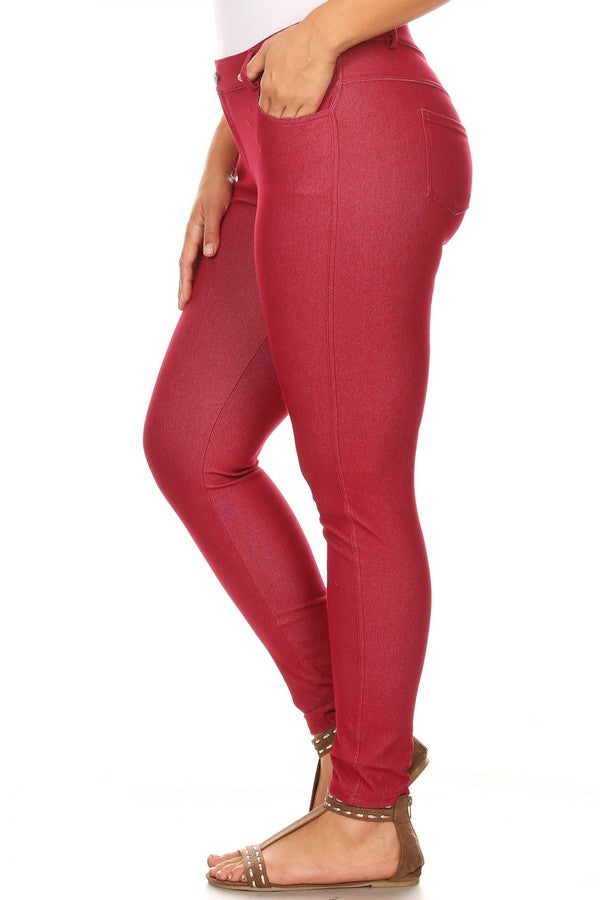 Plus Size Cotton-Blend 5-Pocket Skinny Jeggings - Burgundy