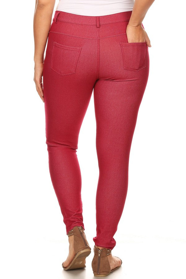 Plus Size Cotton-Blend 5-Pocket Skinny Jeggings - Burgundy