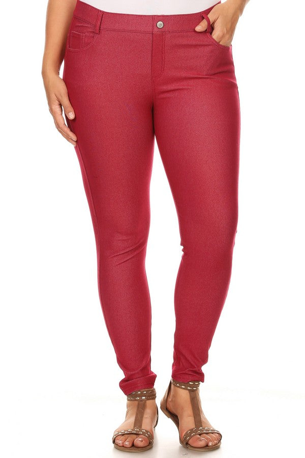 Plus Size Cotton-Blend 5-Pocket Skinny Jeggings - Burgundy