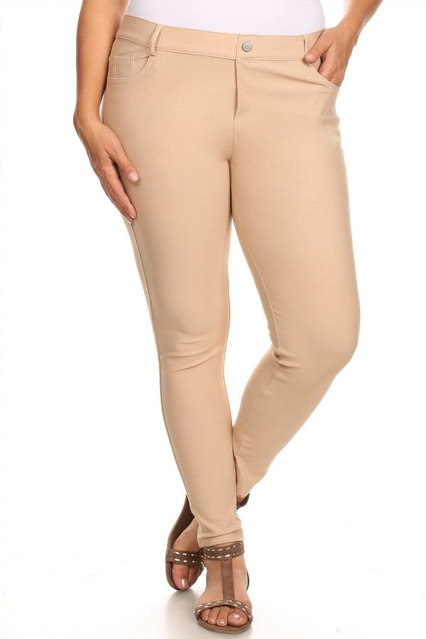 Plus Size Cotton-Blend 5-Pocket Skinny Jeggings - Camel