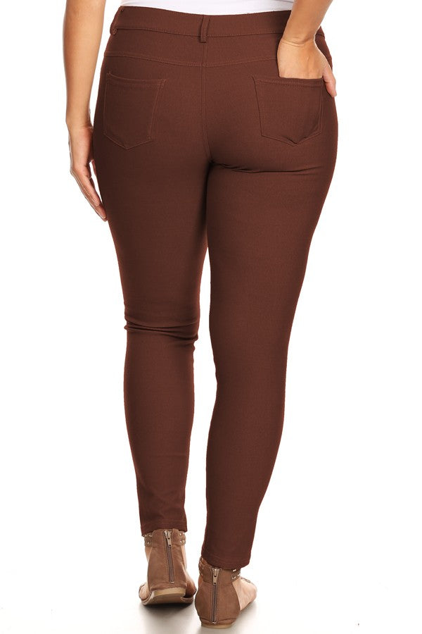 Plus Size Cotton-Blend 5-Pocket Skinny Jeggings - Coffee