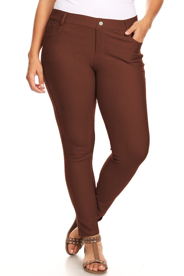 Plus Size Cotton-Blend 5-Pocket Skinny Jeggings - Coffee