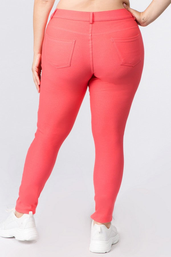 Plus Size Cotton-Blend 5-Pocket Skinny Jeggings - Coral