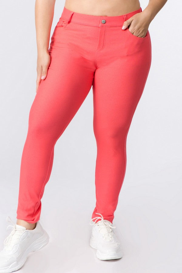 Plus Size Cotton-Blend 5-Pocket Skinny Jeggings - Coral