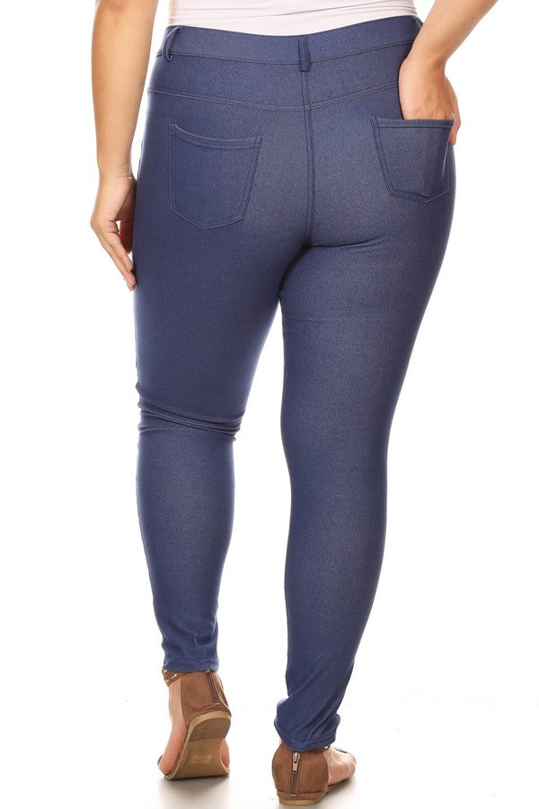 Plus Size Cotton-Blend 5-Pocket Skinny Jeggings - Denim Blue