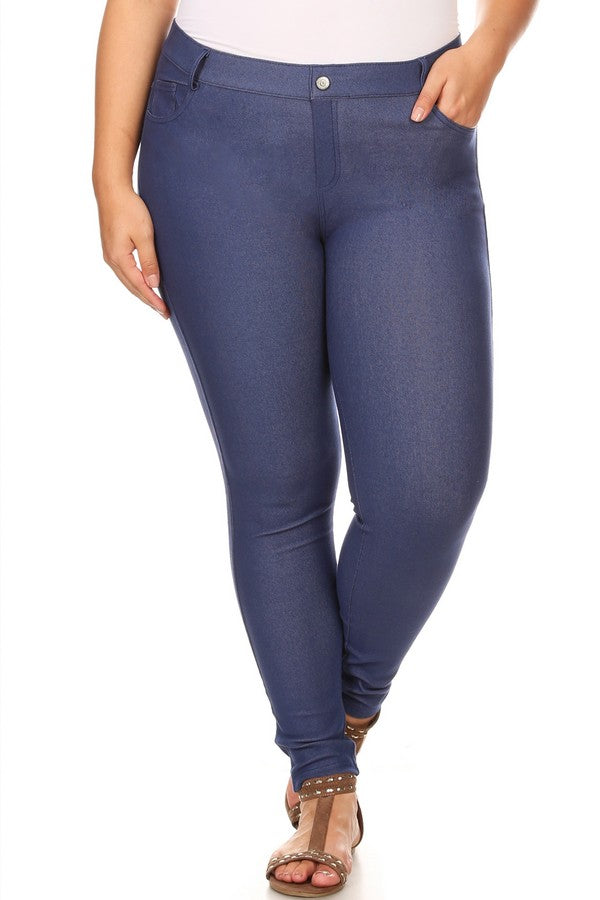 Plus Size Cotton-Blend 5-Pocket Skinny Jeggings - Denim Blue