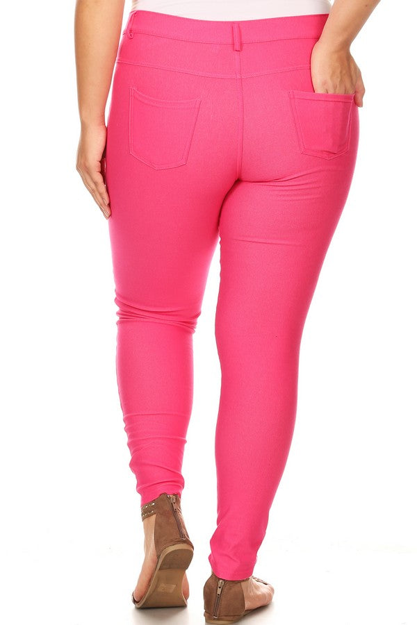 Plus Size Cotton-Blend 5-Pocket Skinny Jeggings - Fuchsia