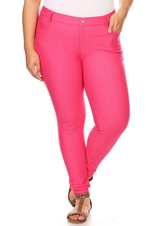 Plus Size Cotton-Blend 5-Pocket Skinny Jeggings - Fuchsia