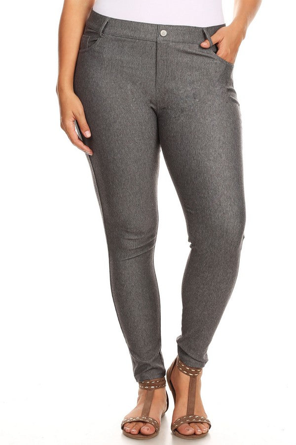 Plus Size Cotton-Blend 5-Pocket Skinny Jeggings - Grey