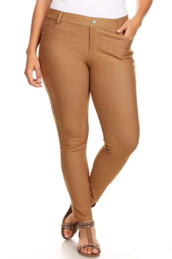 Plus Size Cotton-Blend 5-Pocket Skinny Jeggings - Khaki