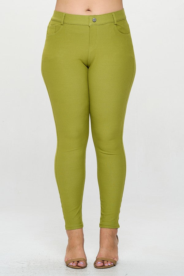 Plus Size Cotton-Blend 5-Pocket Skinny Jeggings - Olive
