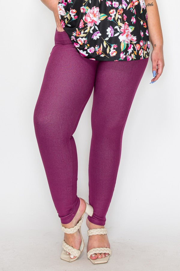 Plus Size Cotton-Blend 5-Pocket Skinny Jeggings - Plum