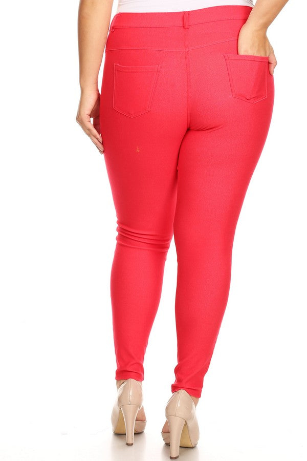 Plus Size Cotton-Blend 5-Pocket Skinny Jeggings - Red
