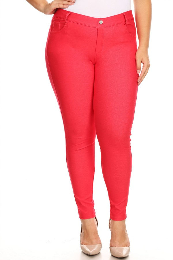 Plus Size Cotton-Blend 5-Pocket Skinny Jeggings - Red