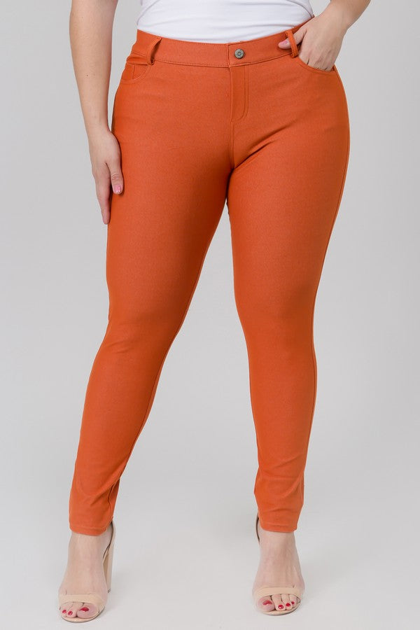 Plus Size Cotton-Blend 5-Pocket Skinny Jeggings - Rust