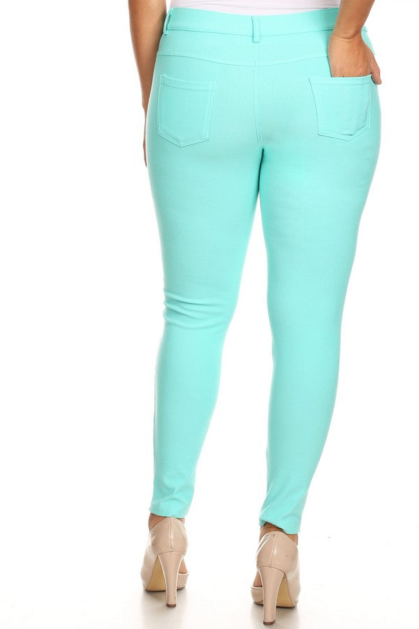 Plus Size Cotton-Blend 5-Pocket Skinny Jeggings - Turquoise