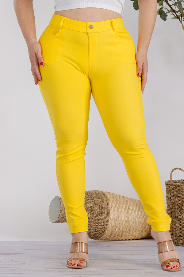 Plus Size Cotton-Blend 5-Pocket Skinny Jeggings - Yellow