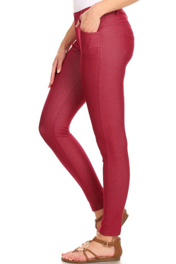 Cotton-Blend 5-Pocket Skinny Jeggings - Burgundy