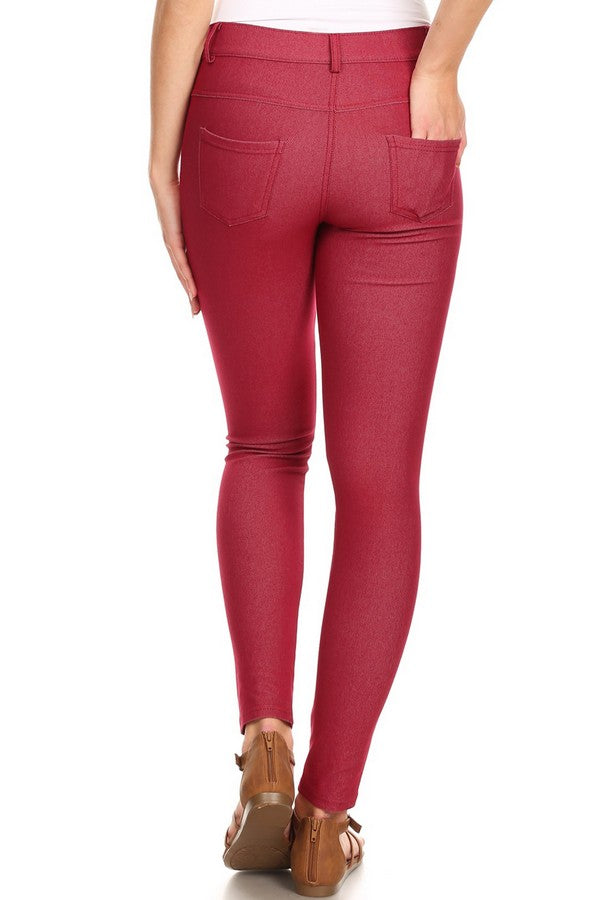 Cotton-Blend 5-Pocket Skinny Jeggings - Burgundy