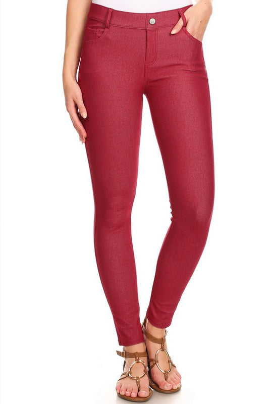 Cotton-Blend 5-Pocket Skinny Jeggings - Burgundy