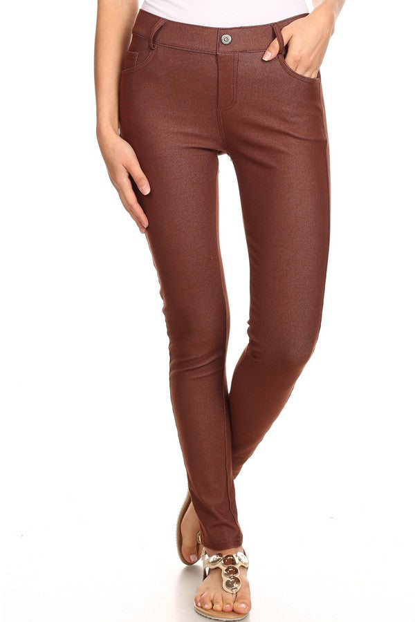Cotton-Blend 5-Pocket Skinny Jeggings - Coffee