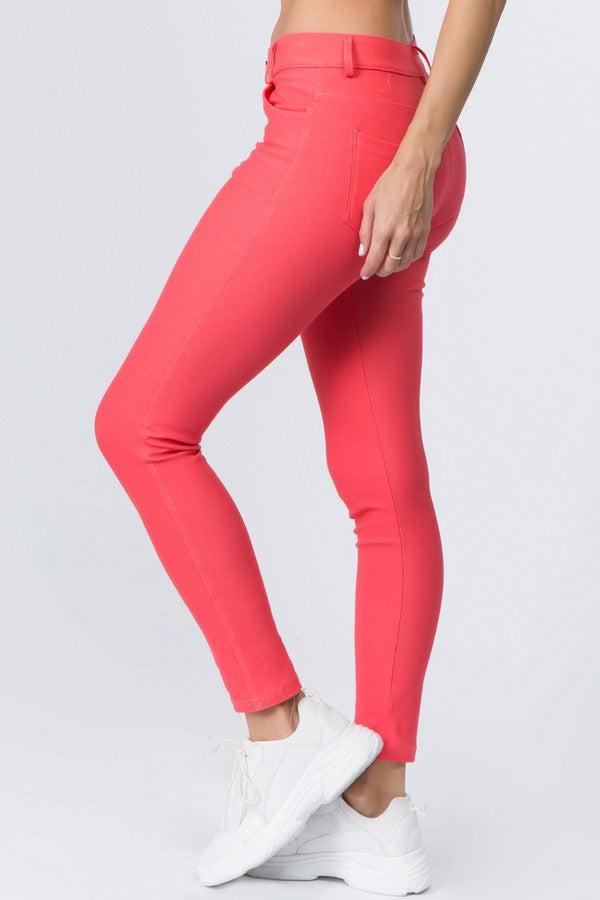 Cotton-Blend 5-Pocket Skinny Jeggings - Coral
