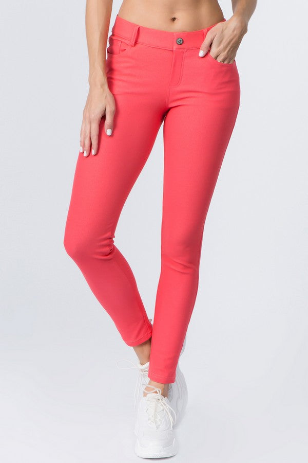 Cotton-Blend 5-Pocket Skinny Jeggings - Coral