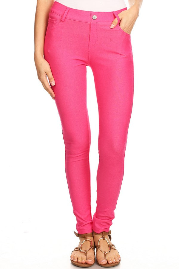 Cotton-Blend 5-Pocket Skinny Jeggings - Fuchsia