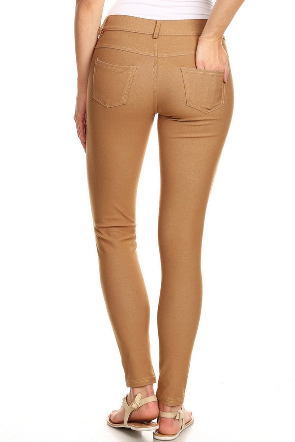 Cotton-Blend 5-Pocket Skinny Jeggings - Khaki