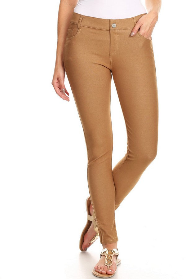 Cotton-Blend 5-Pocket Skinny Jeggings - Khaki