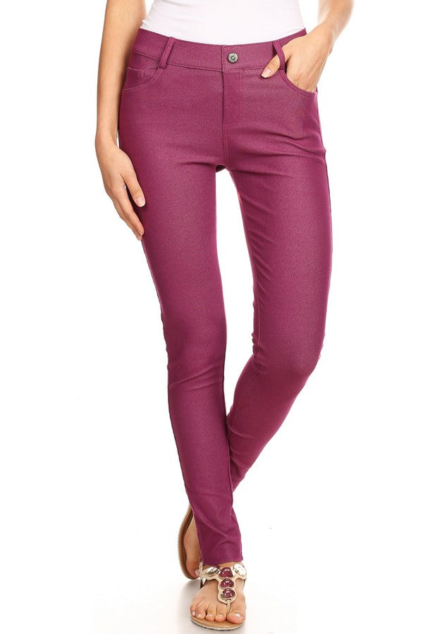 Cotton-Blend 5-Pocket Skinny Jeggings - Plum