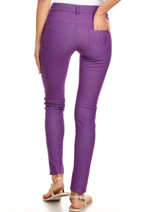 Cotton-Blend 5-Pocket Skinny Jeggings - Purple