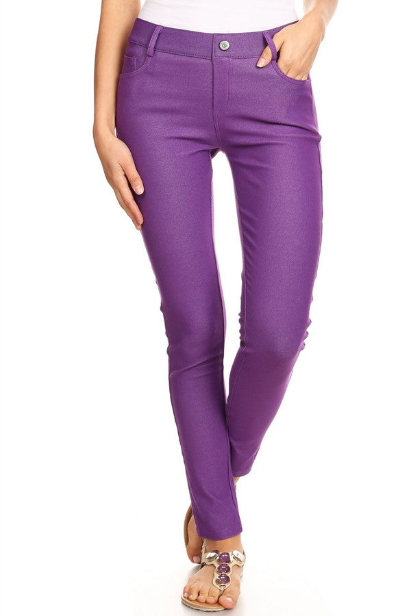 Cotton-Blend 5-Pocket Skinny Jeggings - Purple