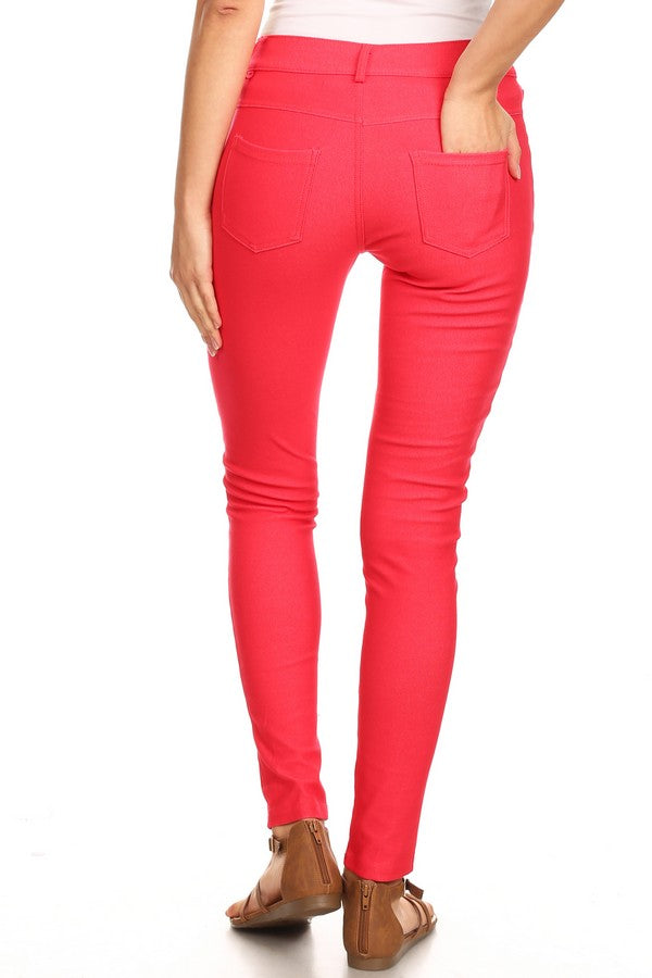Cotton-Blend 5-Pocket Skinny Jeggings - Red