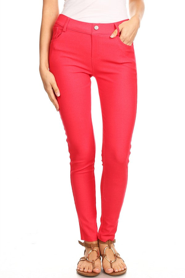 Cotton-Blend 5-Pocket Skinny Jeggings - Red