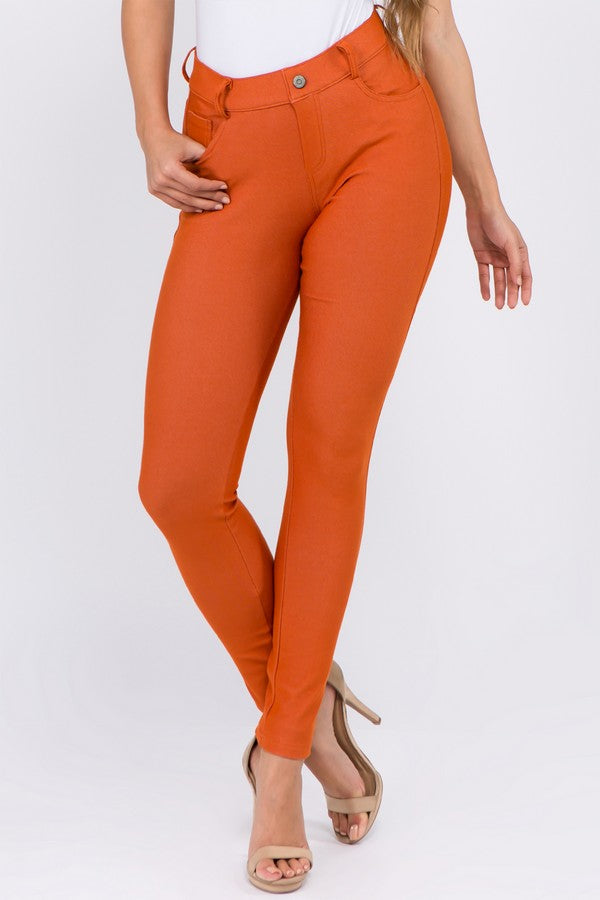 Cotton-Blend 5-Pocket Skinny Jeggings - Rust