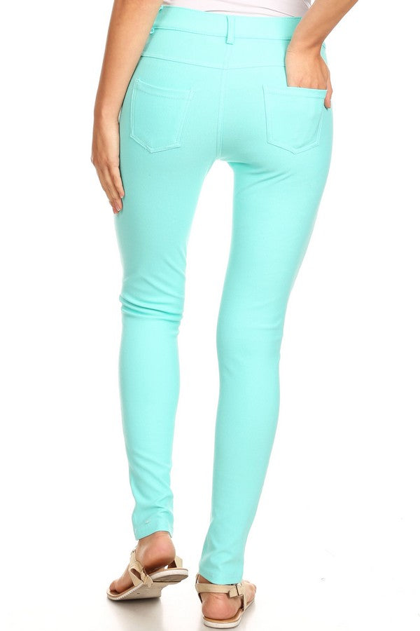Cotton-Blend 5-Pocket Skinny Jeggings - Turquoise