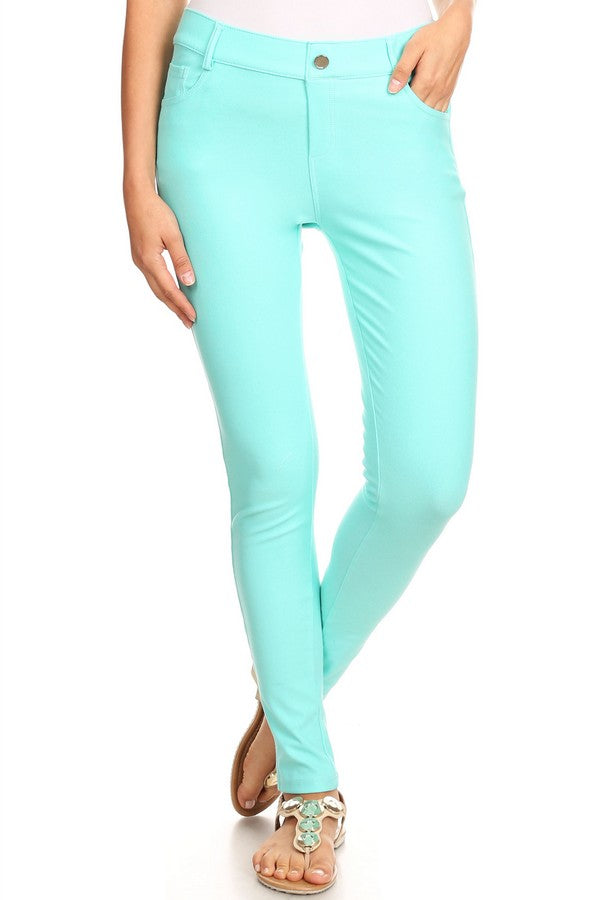 Cotton-Blend 5-Pocket Skinny Jeggings - Turquoise