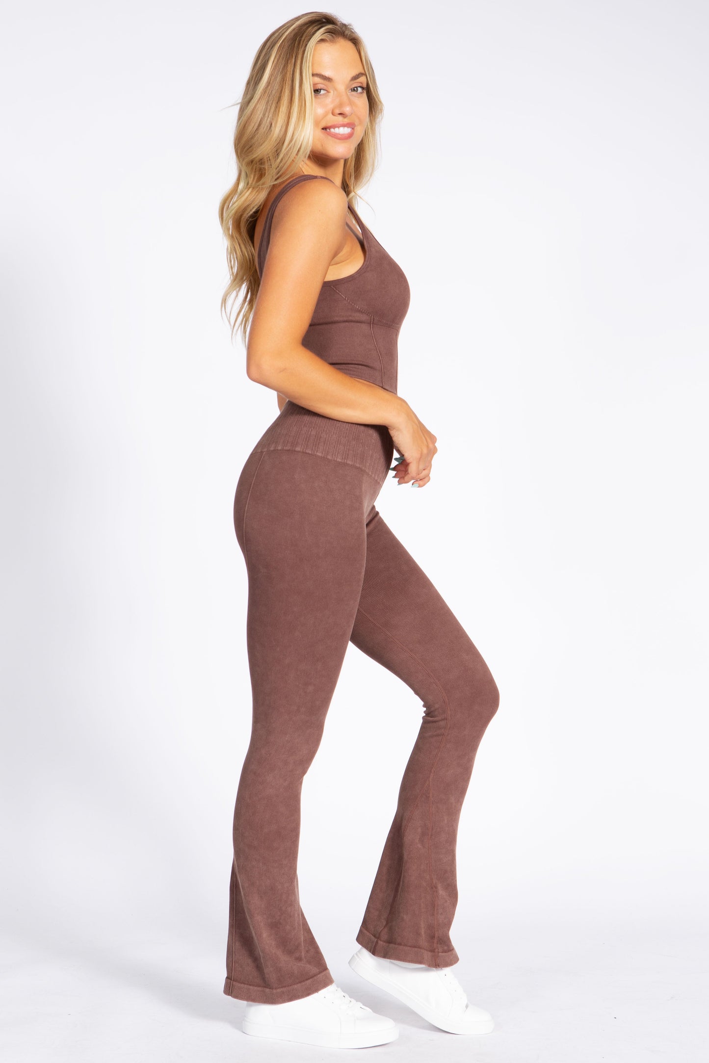 Women's Stone Washed Ribbed Matching Yoga Set