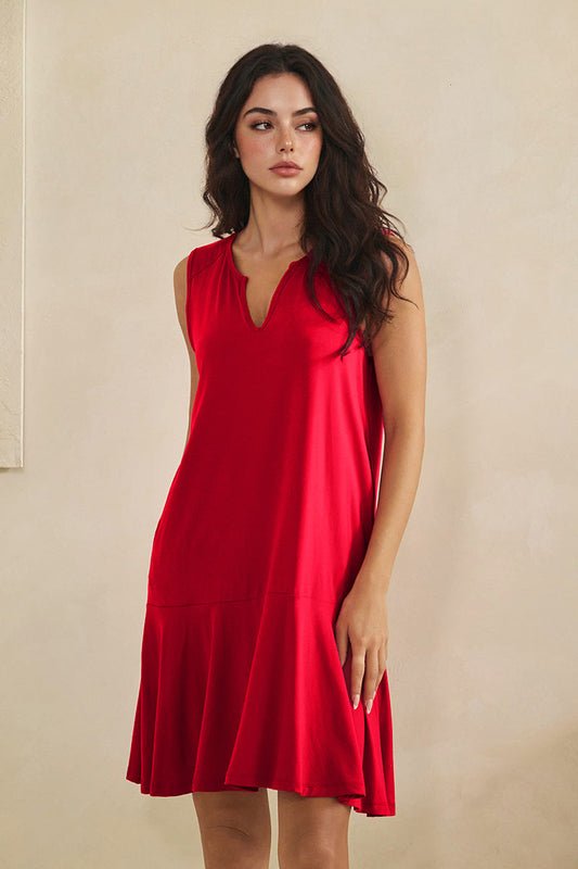 Effortless Flow Sleeveless Split Neck flounce hem Peach Skin Dress