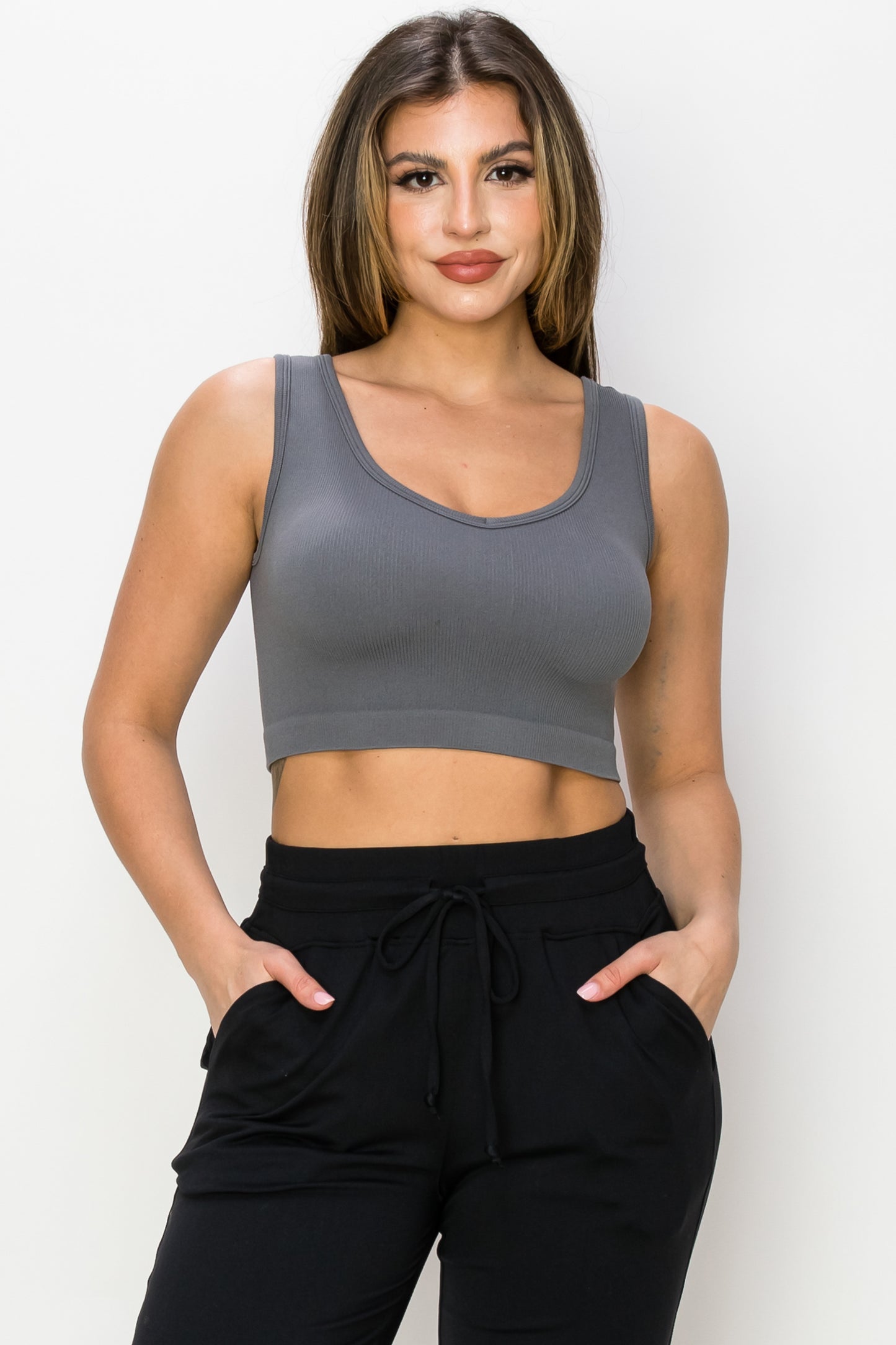 Women's Ribbed Deep Scoop Cropped Tank Top w/ Reversible Neckline