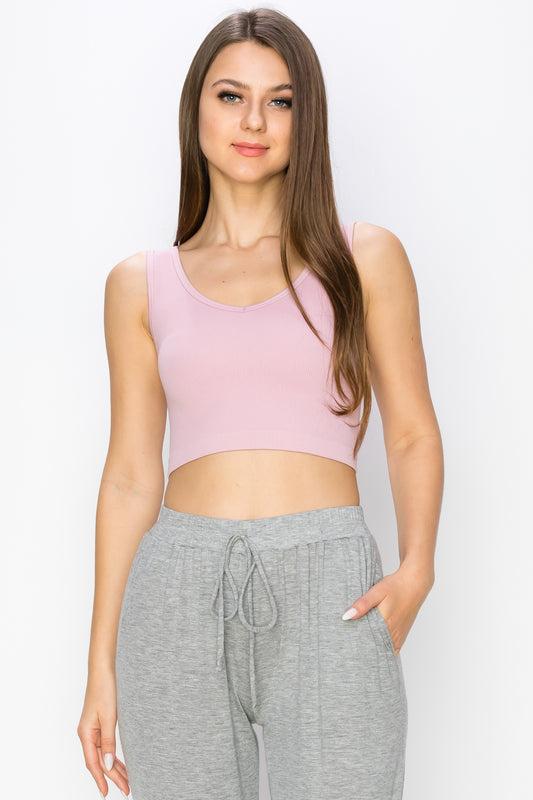 Women's Ribbed Deep Scoop Cropped Tank Top w/ Reversible Neckline