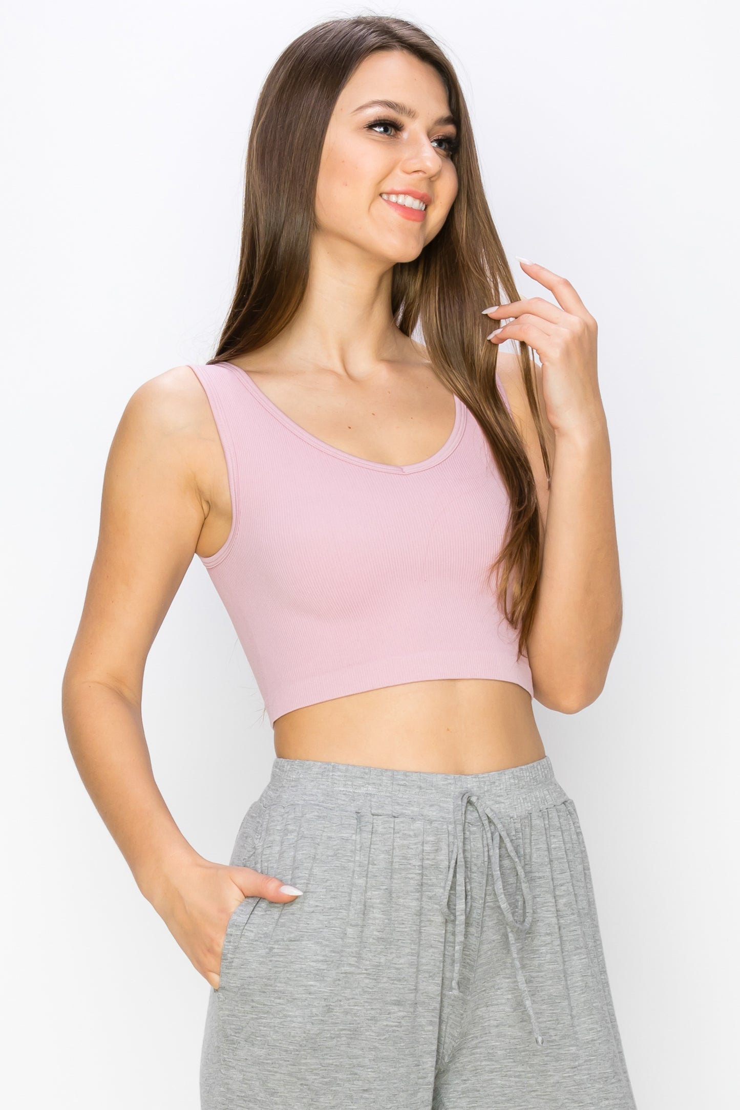 Women's Ribbed Deep Scoop Cropped Tank Top w/ Reversible Neckline