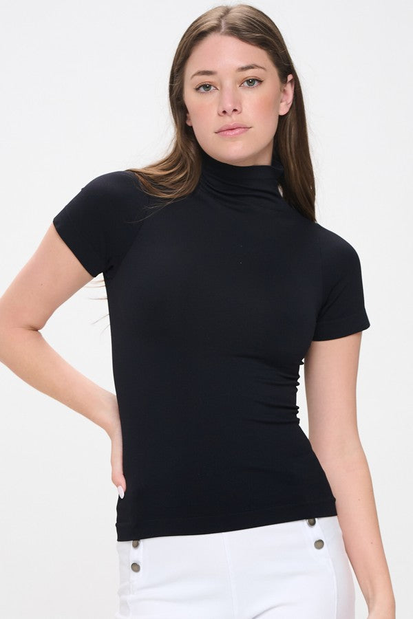 Women's Black Short Sleeve Mock Neck Essential Top Shirt, One Size