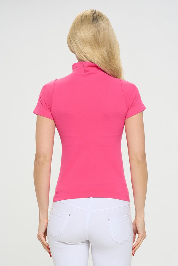 Women's Fuchsia Short Sleeve Mock Neck Essential Top Shirt, One Size