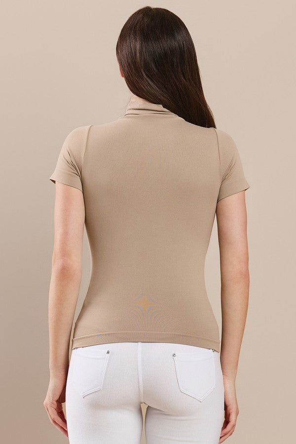 Women's Light Mocha Short Sleeve Mock Neck Essential Top Shirt, One Size