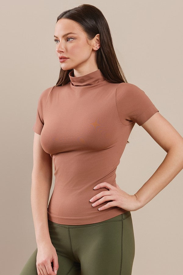 Women's Mocha Short Sleeve Mock Neck Essential Top Shirt, One Size