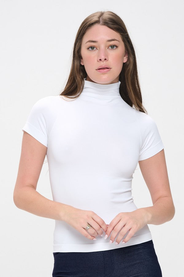 Women's White Short Sleeve Mock Neck Essential Top Shirt, One Size